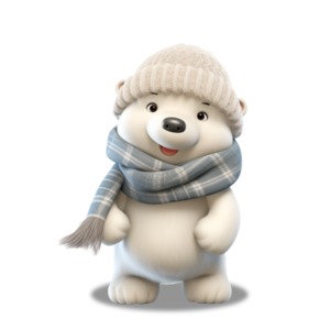 A cute and cheerful polar bear, adorned with a cozy knitted hat and a warm scarf, represents the joyful and playful spirit of winter