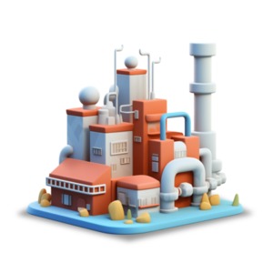 A stylized 3d icon of a factory or industrial complex isolated on a transparent background.