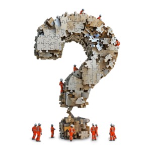 Working on Problem Clipart: Depicting teamwork, individuals put the pieces of a problem together to form a question mark.