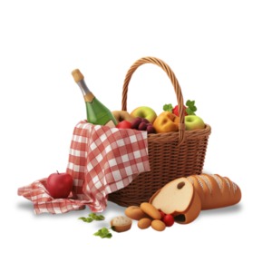 A summer picnic basket spread out on a checkered blanket - Transparent PNG Clipart