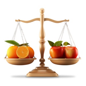 A golden scale rests balanced with oranges on one side and apples on the other. This is a visual representation of the idiom &quot;Comparing Apples to Oranges.&quot;