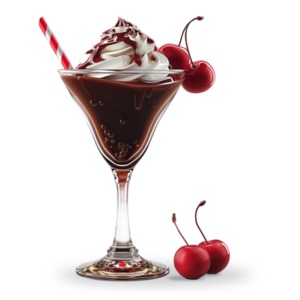 A delicious looking non-alcoholic chocolate martini with cherries.