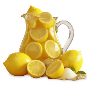 A scene with lemons, sugar, and Lemonade. When life gives you lemons, make lemonade, a transparent PNG clipart.