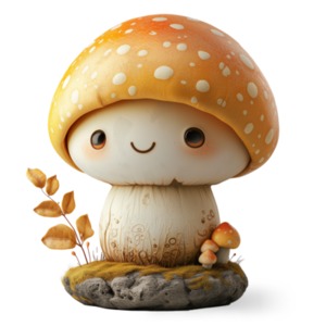 A fantasy image of a charming cute mushroom character with a big, round, orange cap adorned with white spots.