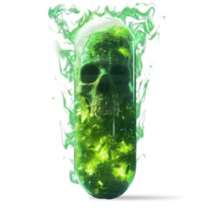 A capsule pill that encapsulates a sinister green skull surrounded by an ethereal, smoky aura.