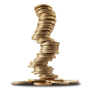Risky Coin Tower Stack - Clipart image showing precariously stacked tower of golden coins, teetering as if on the brink of collapse.