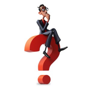 Pondering Big Question - Clipart image of a a man thinking about a big problem sitting on top of a huge red question mark.