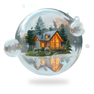 A concept of a housing bubble clipart image depicting a serene and picturesque house encapsulated within a bubble. Download now!