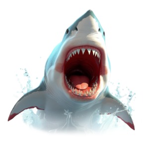 Great White Shark Attack - Clipart image of a great white shark emerging from the water, its mouth wide open revealing its sharp teeth.