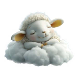 A PNG clipart image of a serene and peaceful scene of a little lamb, with its eyes closed, resting comfortably on a fluffy cloud.