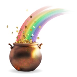 Pot of gold in rainbow clipart - Symbolize luck through a discovery of wealth, rewards, and dreams.  Visual aid for presentation / media designs.