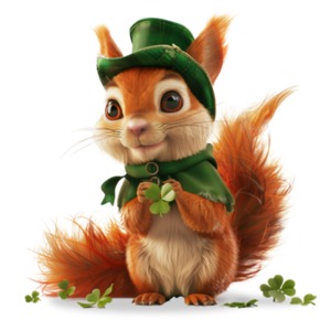 This PNG Clipart image showcases a whimsical and creative depiction of a red squirrel dressed as a leprechaun.
