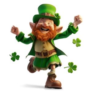 This clipart depicts a jubilant leprechaun mid-dance, surrounded by floating clovers, symbolizing joy and luck.