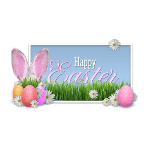 This clipart depicts vibrant Easter Bunny ears amidst colorful eggs and daisies. Download for presentation/ media designs.