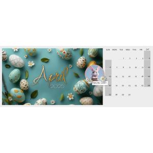 This image showcases an editable calendar template for March or April, adorned with beautifully designed Easter eggs and flowers on a teal background.
