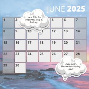An editable calendar template for any month and year combination with customizable reminder callouts for special date.