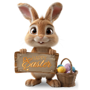 A charming Easter Bunny holding a customizable wooden sign that reads &quot;Happy Easter.&quot; Celebrate spring with this custom clipart.
