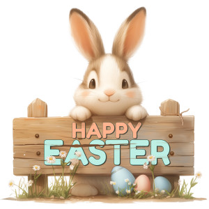 Celebrate Easter with this image of an adorable Easter Bunny peeking over a wooden sign. Easily add any message to the sign.