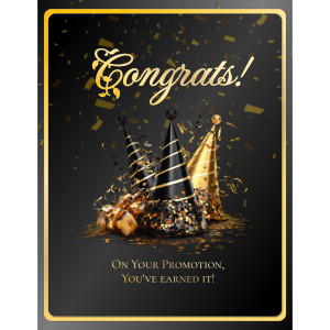 An editable document template showcasing a customizable Congratulations Card adorned with golden and black party hats and confetti.