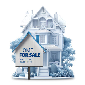 Home with real estate sign clipart. Change the wording on the sign.