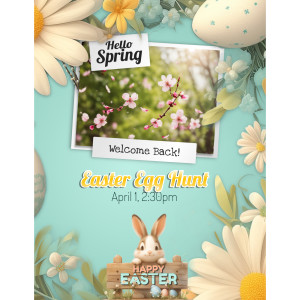 A colorful and vibrant editable Easter poster template featuring a turquoise background with beautiful spring flowers and Easter eggs.