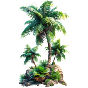 A tropical paradise, complete with swaying palm trees, moss-covered rocks, and lush greenery. Transparent PNG Clipart