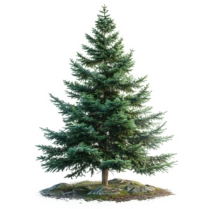 A transparent PNG Clipart image of a healthy evergreen spruce tree.
