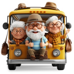 Visualize adventurous spirit of senior retirement with this vibrant tour bus clipart, capturing the joy of exploration and freedom in golden years.