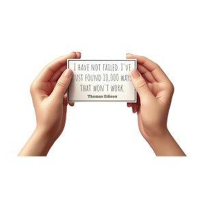 An editable business card held between two hands. Quickly customize the card with your own information and download as a PNG with a transparent background.