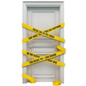 A Crime Scene Door covered with customizable yellow police caution tape. Transparent PNG Clipart