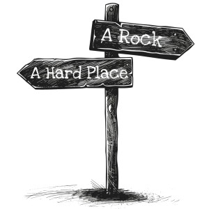 Sketch of a direction sign symbolizing the idiom &#039;caught between a rock and a hard place,&#039; depicting a tough choice between undesirable options.