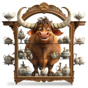 A Bull in a China Shop Idiom isolated on a transparent background. PNG Clipart Design