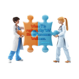 Two medical professionals hold a piece of the puzzle to form an area for a message in this custom clipart with a transparent background.