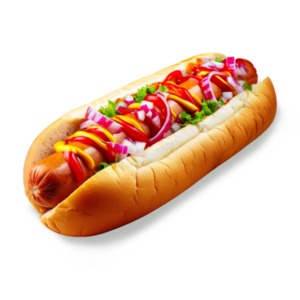 A delicious realistic hot dog with all the fixings isolated on a transparent background.