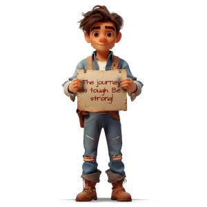 Download or customize this young traveler holding a sign clipart symbolizing life&#039;s trials and resilience, inspiring strength amidst adversity.