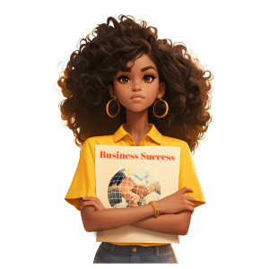 This clipart depicts a stylish reader delving into insightful material about business success. Customizable clipart.