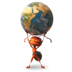 Carrying the weight of the world on one&#039;s shoulders - An ant lifts the earth above it&#039;s head in this 3D clipart image.