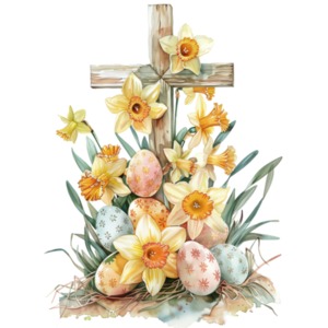 The illustration captures the essence of Easter and the arrival of spring with a wooden cross, daffodils and Easter eggs.