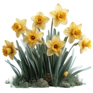 A group of yellow spring daffodils isolated on a transparent background. Transparent PNG Clipart