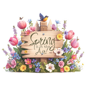 A wooden sign surrounded by a vibrant display of spring flowers, including tulips and daisies. Customize the message on the sign.