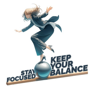 A woman in business attire, balancing precariously on a blue ball with customizable text, a concept of focus and balance.