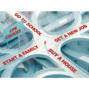 Life&#039;s Choices in a customizable design illustration with intersecting highways. Each highway is labeled with changeable text with life choices.