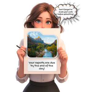 A woman teacher or professional is holding a blank customizable sign. A speech bubble with a custom text area floats above her head.