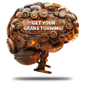 Download or Change the &#039; Get Your Gears Turning &#039; text on the sign in this clipart of a brain made up of gears.