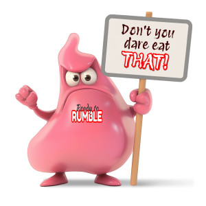 Download or customize the text on this clipart image of a stomach character holding a sign.  Add as a visual aid to presentation / media designs.