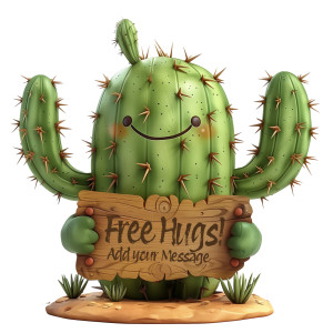 This custom clipart project of a spikey cactus offers a blend of warmth and caution with a customizable sign reading Free Hugs!