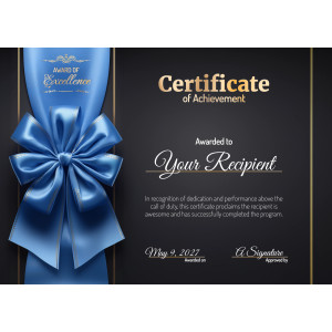 A beautifully designed Certificate of Achievement template featuring an elegant blue ribbon on a dark background.
