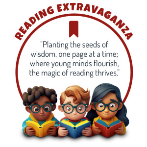 Download or customize the text on this clipart image of three kids reading  with a quote behind them and a title that reads READING EXTRAVAGANZA.