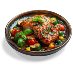 Grilled Salmon with Vegetables - Food Photography PNG image with a transparent background.