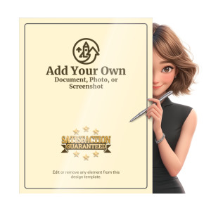 Customize this clipart image of a woman holding a pen peeking around a document.  Add as a standout visual in presentations and media designs
